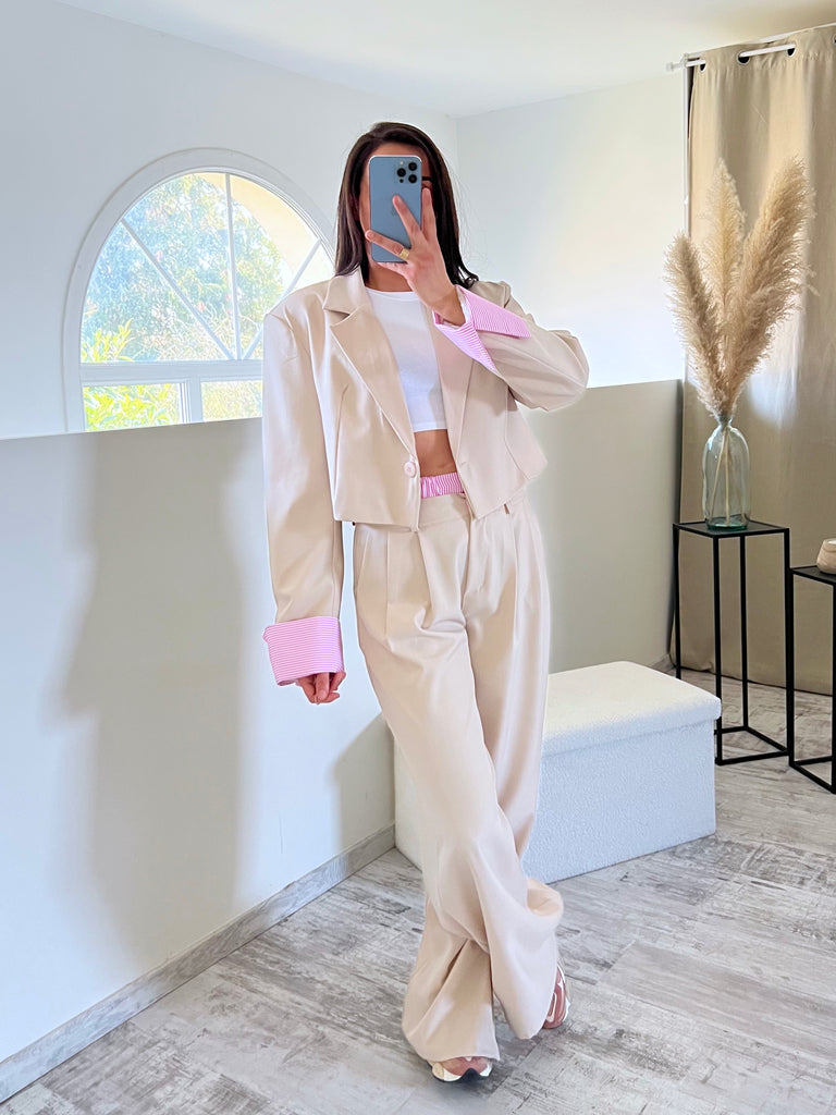 Ensemble Blazer Court/Pantalon Revers Nude/Rose
