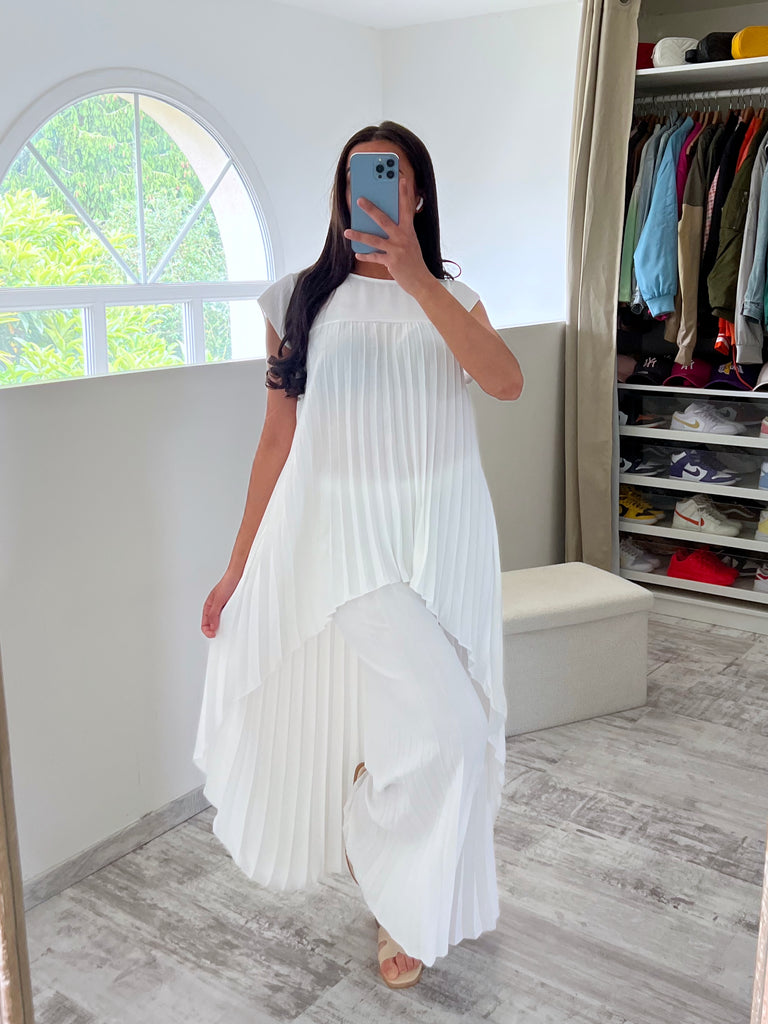Ensemble Tunique Plissée Asymétrique Blanc