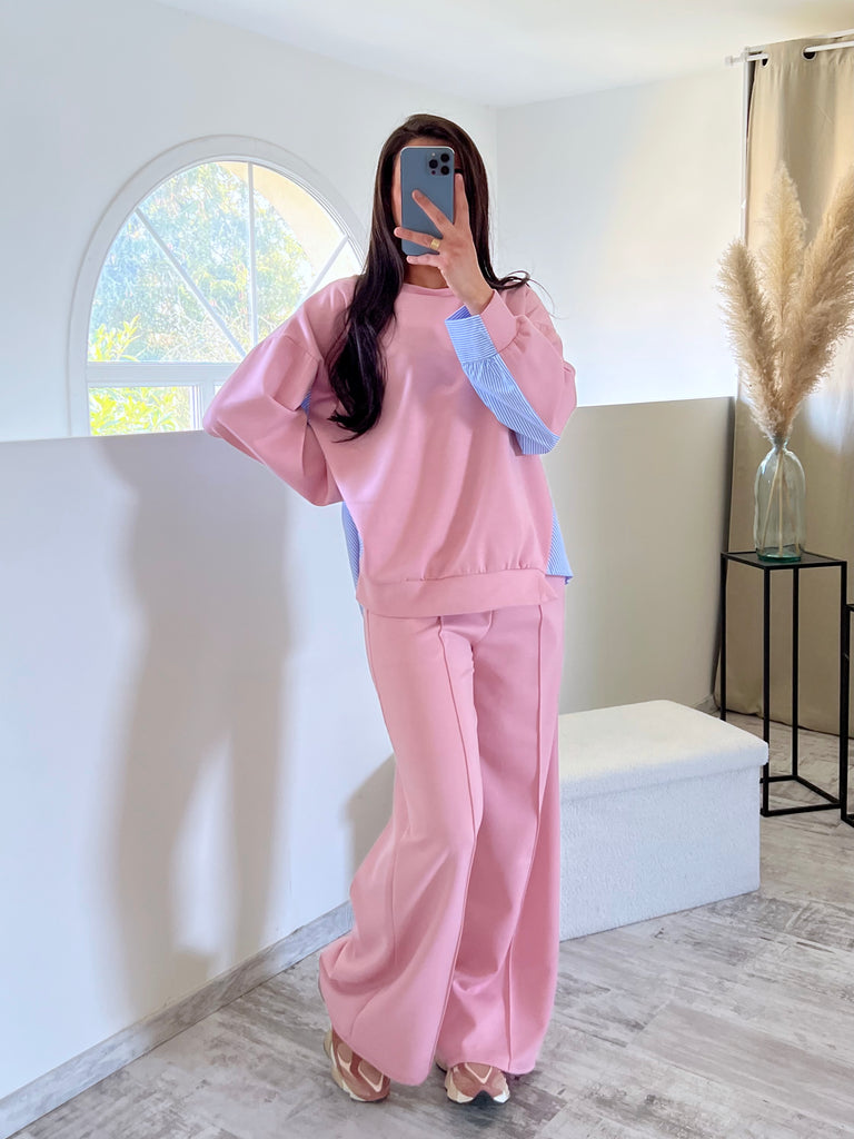 Ensemble Bi Matière Chemise Rose