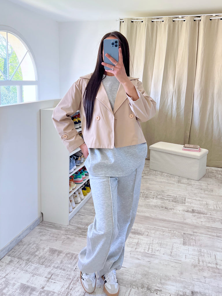 Trench Court Bi Matière Beige/Gris
