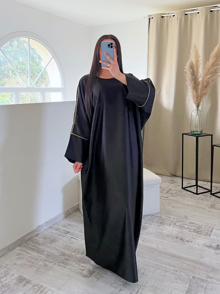 Abaya Satin Bordures Dorés Noir