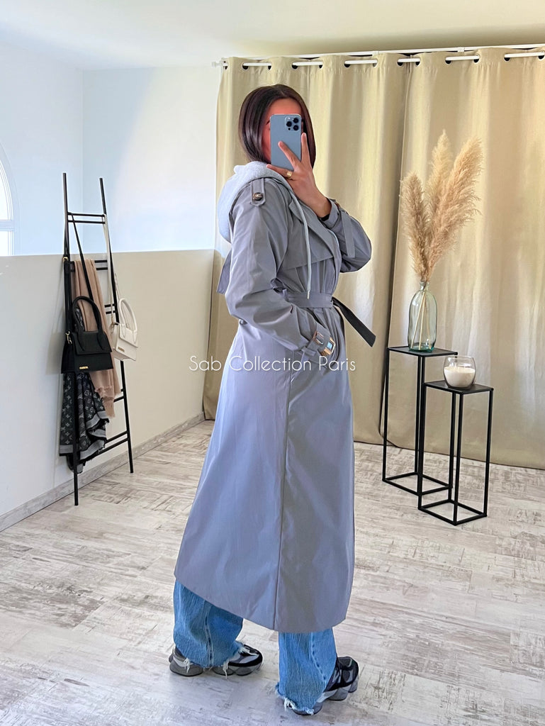 Trench Long À Capuche Gris