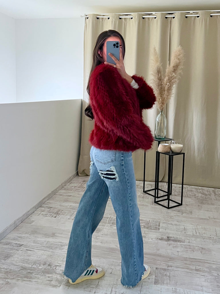Veste Cardigan Fourrure Bordeaux