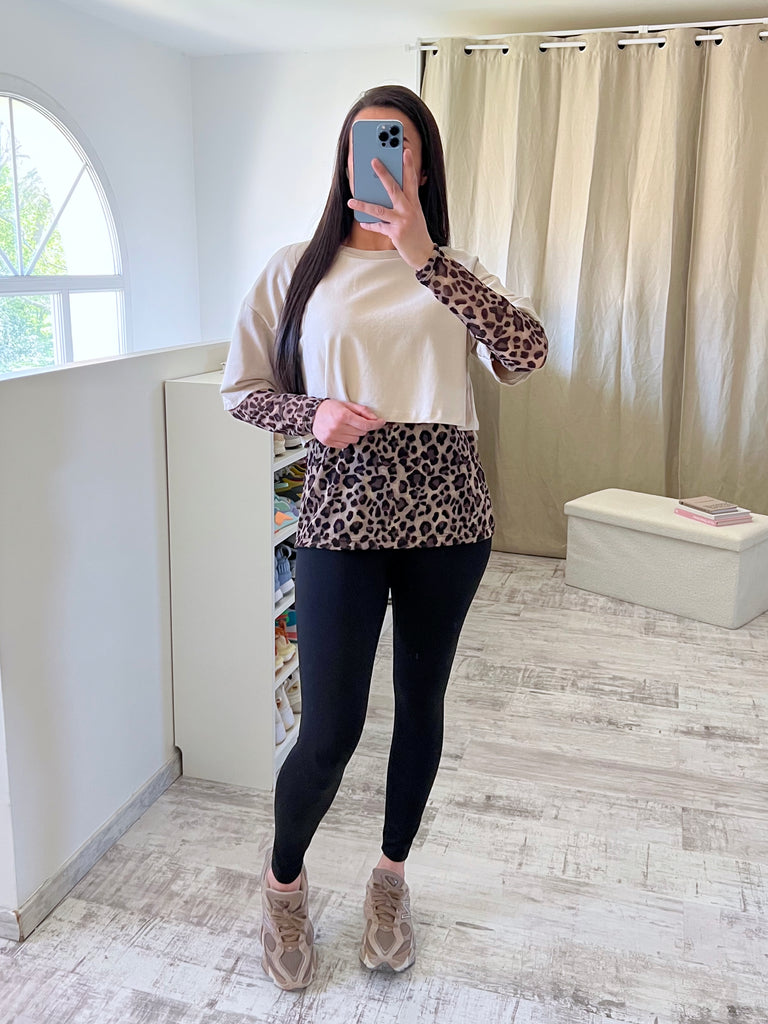 T shirt Bi Matière Léopard Beige