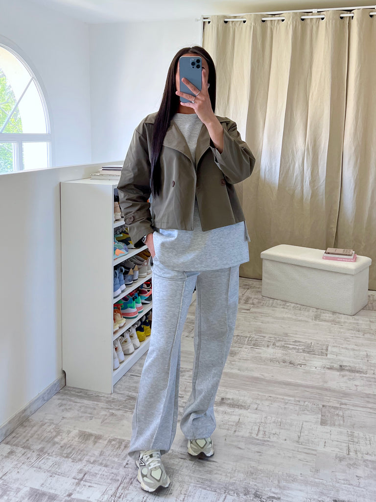 Trench Court Bi Matière Kaki/Gris