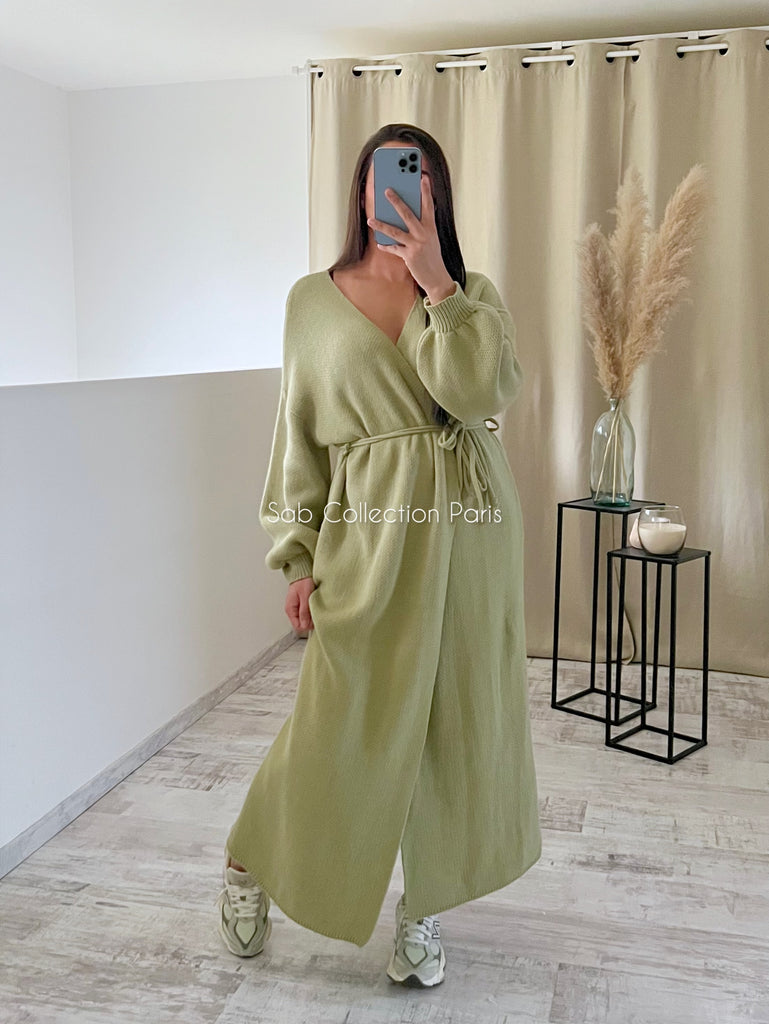 Gilet Long Maille Cache Cœur Anis