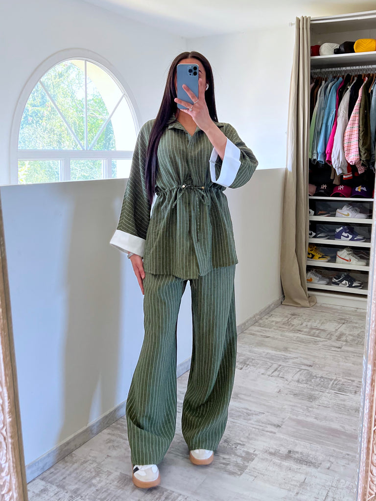 Ensemble Tunique Manches Revers Rayé Kaki