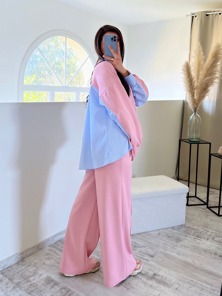Ensemble Bi Matière Chemise Rose