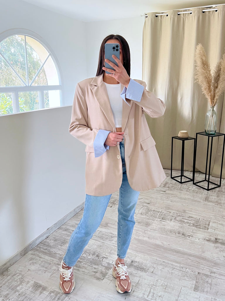 Blazer Manches Revers Beige/Bleu