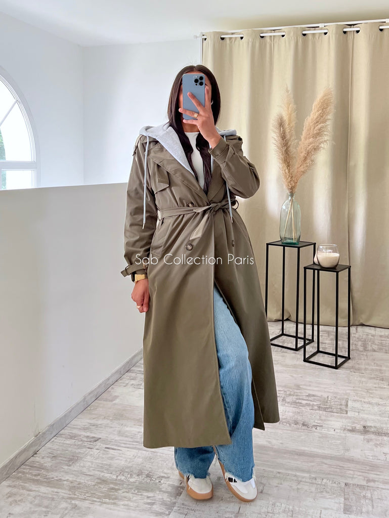 Trench Long À Capuche Kaki