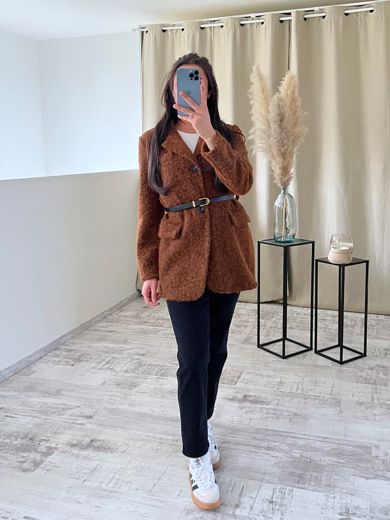 Veste Moumoute À Ceinture Marron