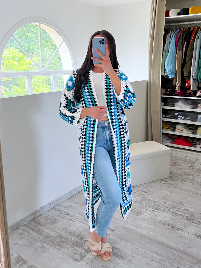 Gilet Long Crochet Multicolore Bleu