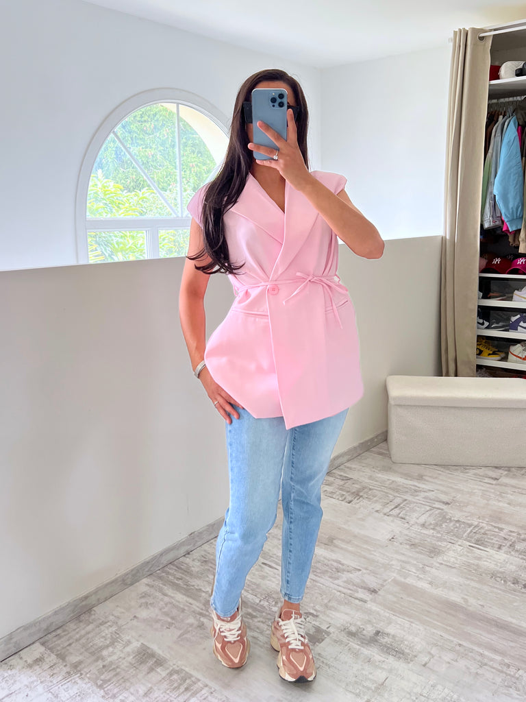 Blazer Sans Manches À Nouer Rose