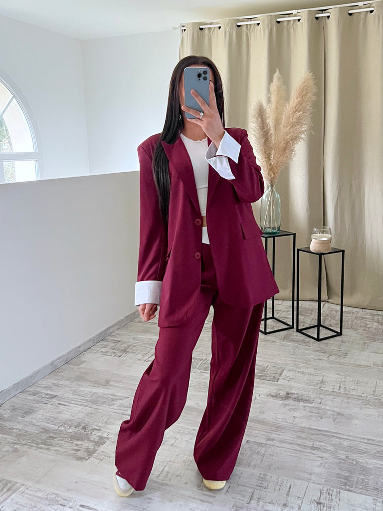 Ensemble Blazer/Pantalon Revers Bordeaux