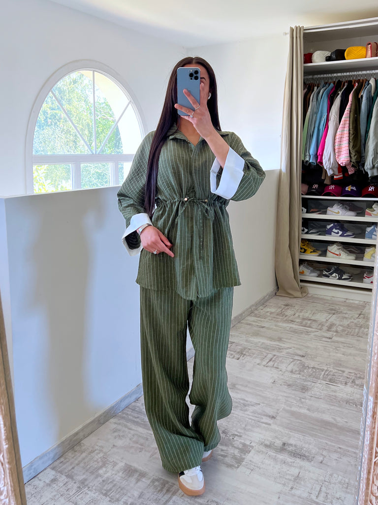 Ensemble Tunique Manches Revers Rayé Kaki