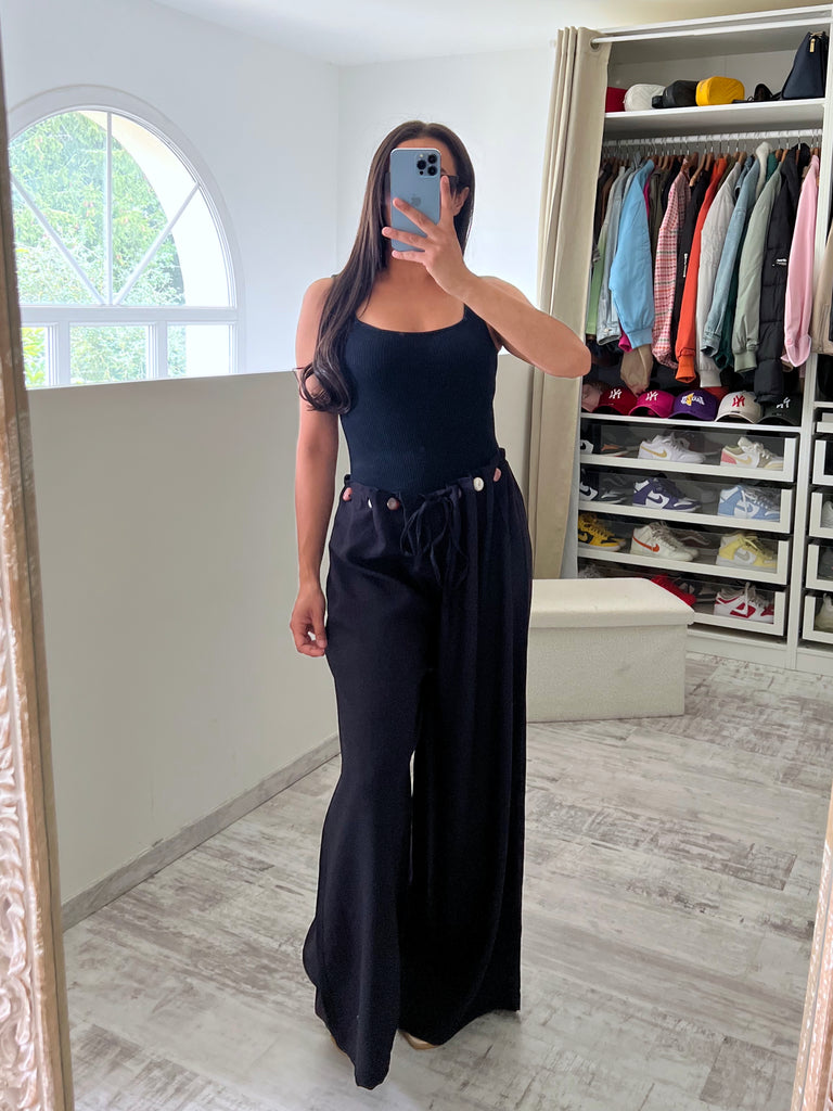 Pantalon Lin À Ceinture Pierres Noir