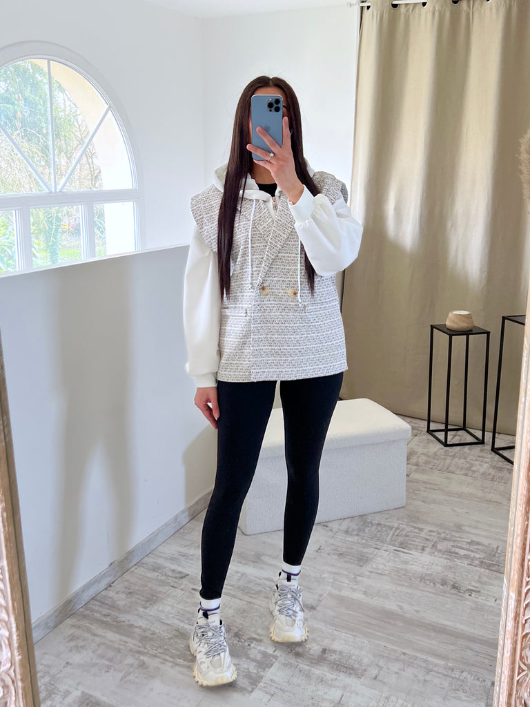 Veste 2 Pièces Hoodie/Tweed Blanc/Noir