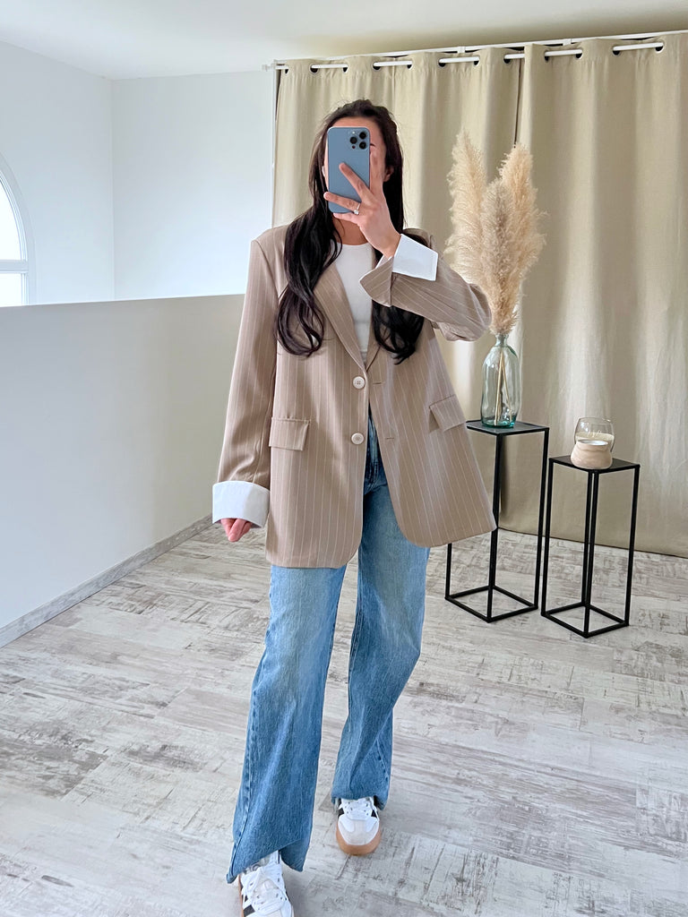 Blazer Manches Revers À Rayures Taupe