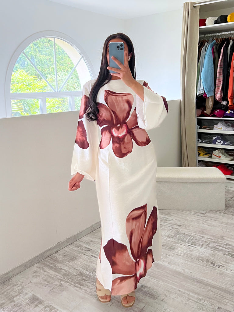 Robe Effet Lin À Fleurs Marron