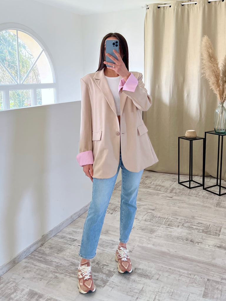 Blazer Manches Revers Beige/Rose