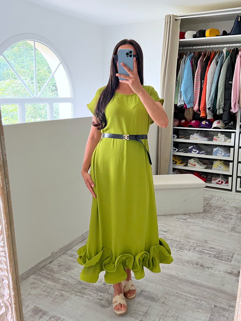 Robe À Ceinture Et Bas Volants Anis