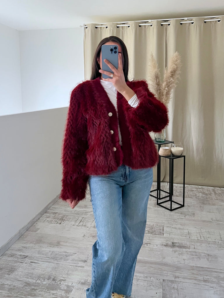 Veste Cardigan Fourrure Bordeaux
