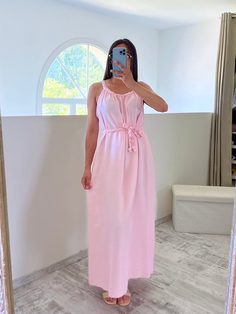 Robe À Col Et Ceinture Tresse Rose