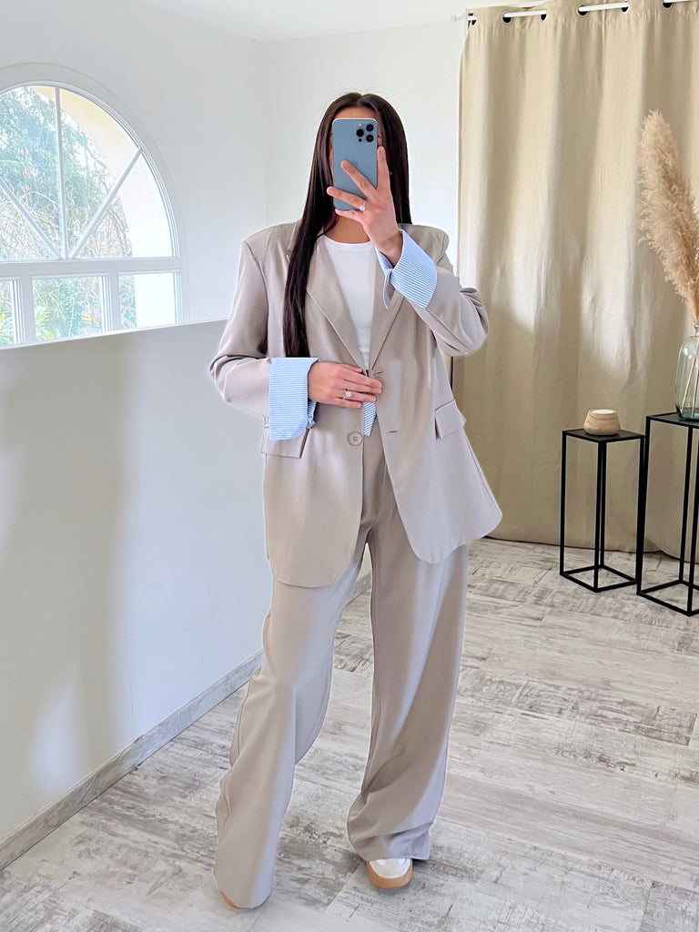 Ensemble Blazer/Pantalon Revers Taupe/Bleu