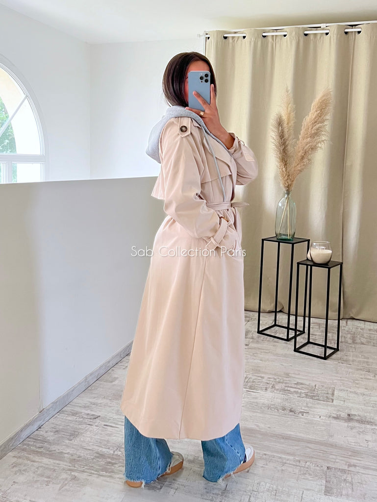 Trench Long À Capuche Beige