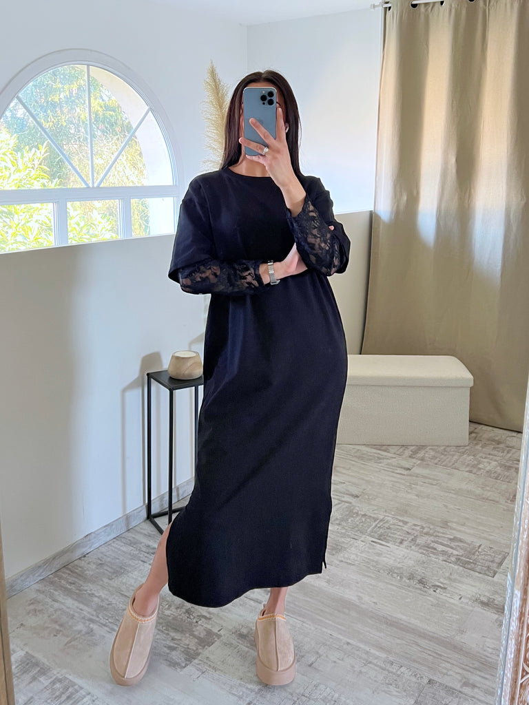 Robe Manches Dentelles Noir