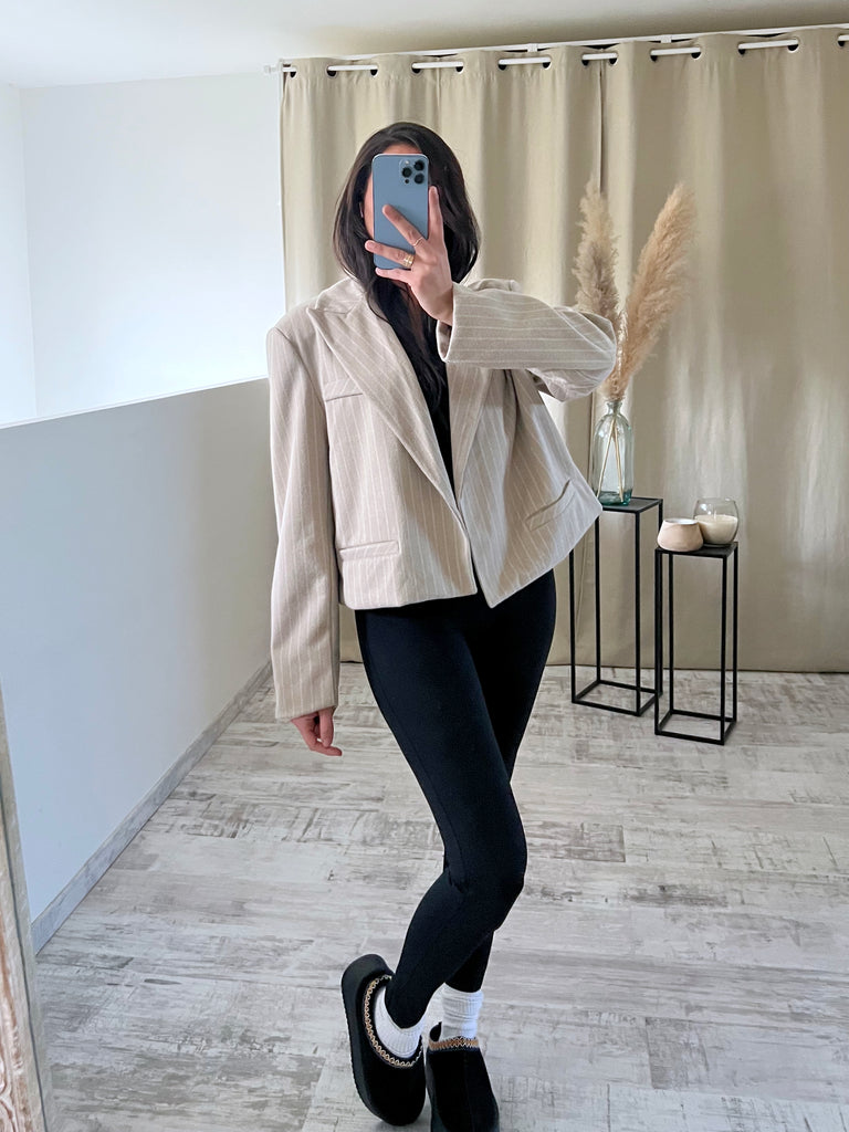 Blazer Court À Rayures Beige