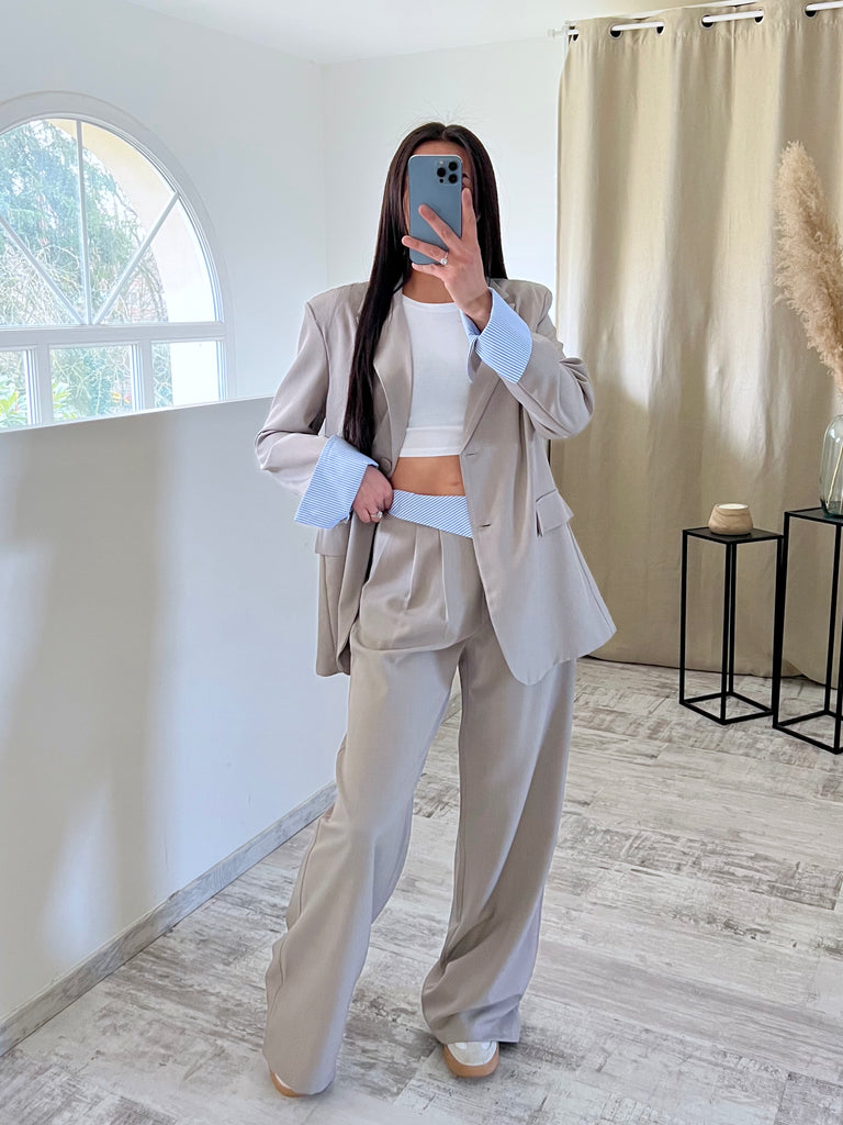 Ensemble Blazer/Pantalon Revers Taupe/Bleu