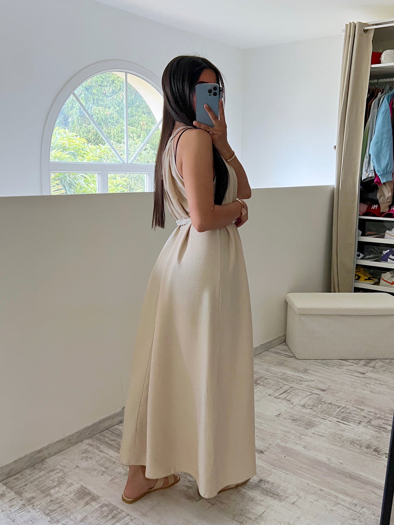 Robe À Col Et Ceinture Tresse Beige