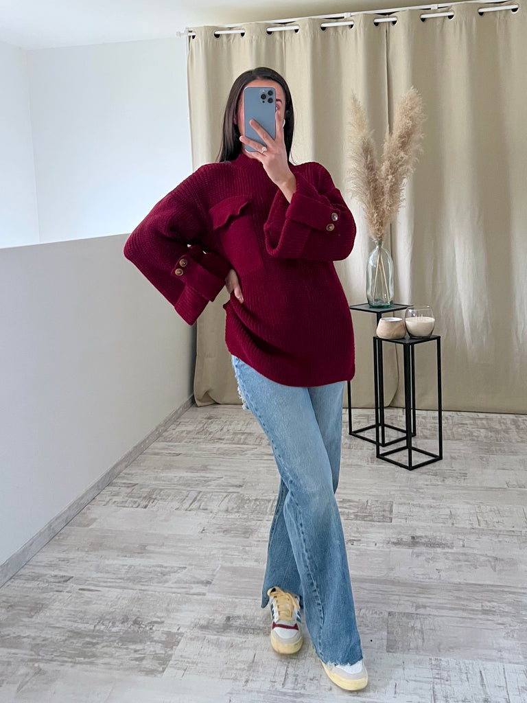 Maille Longue Boutons Manches Bordeaux