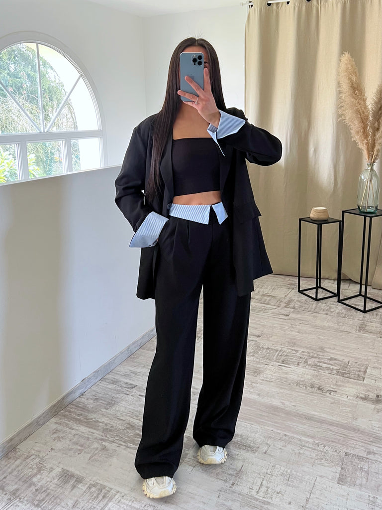 Ensemble Blazer/Pantalon Revers Noir/Bleu