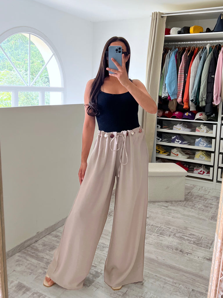 Pantalon Lin À Ceinture Pierres Taupe
