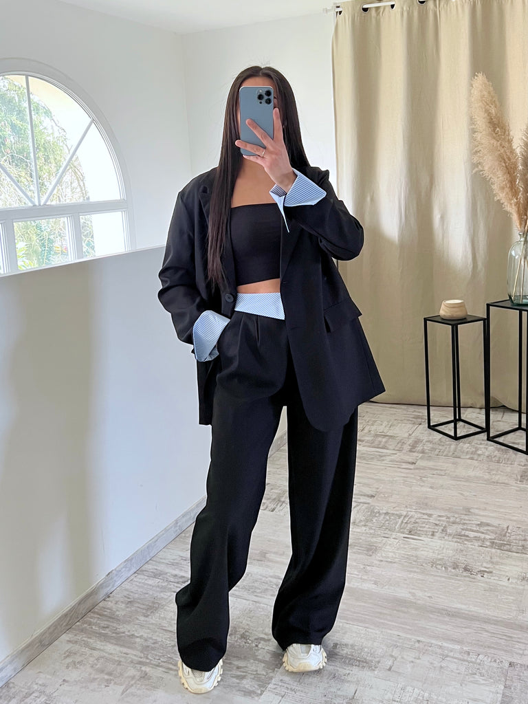 Ensemble Blazer/Pantalon Revers Noir/Bleu