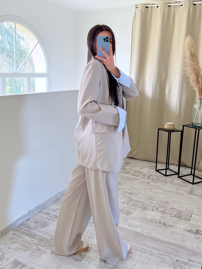 Ensemble Blazer/Pantalon Revers Taupe/Bleu