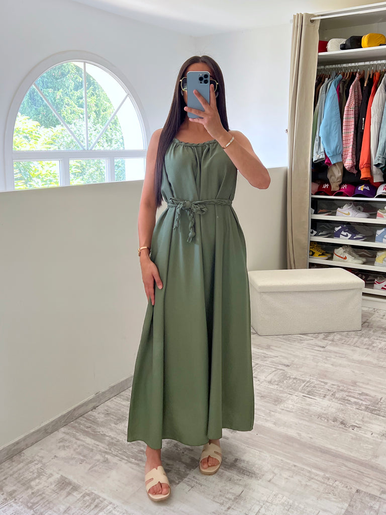 Robe À Col Et Ceinture Tresse Kaki