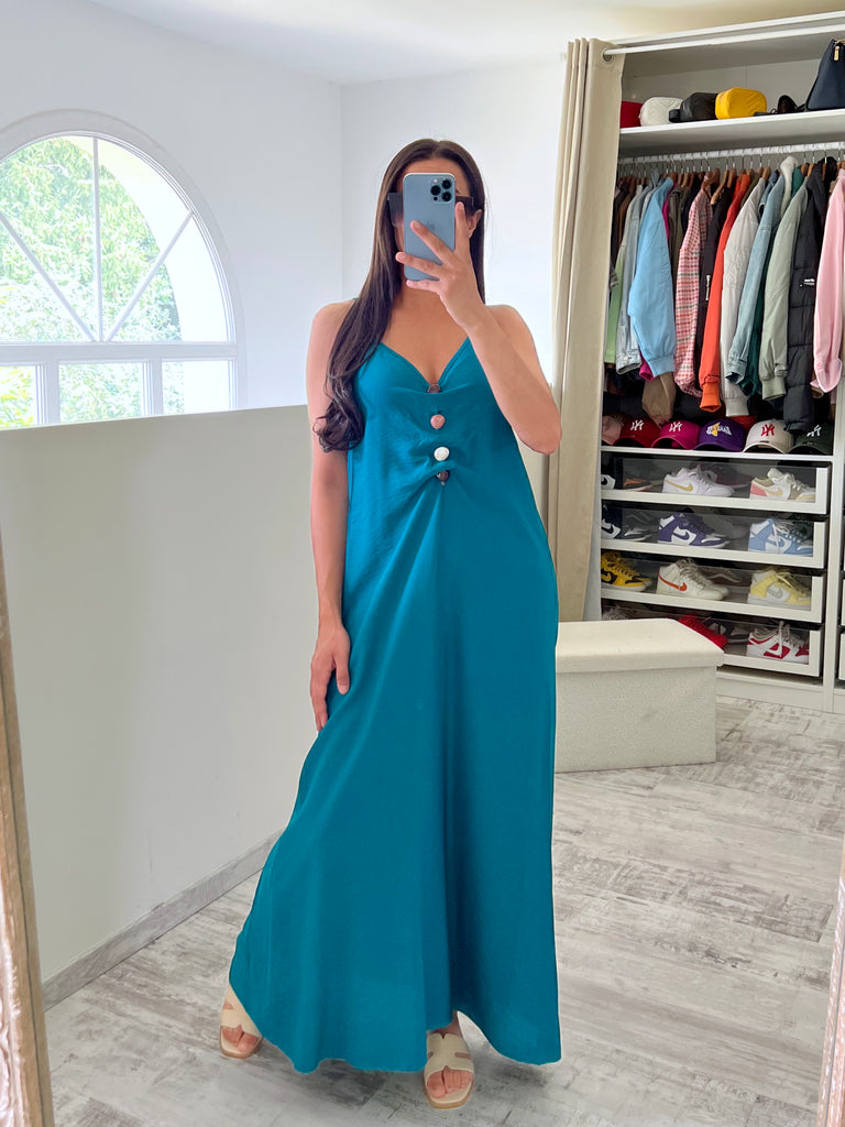 Robe Sans Manches Détail Pierres Bleu Canard