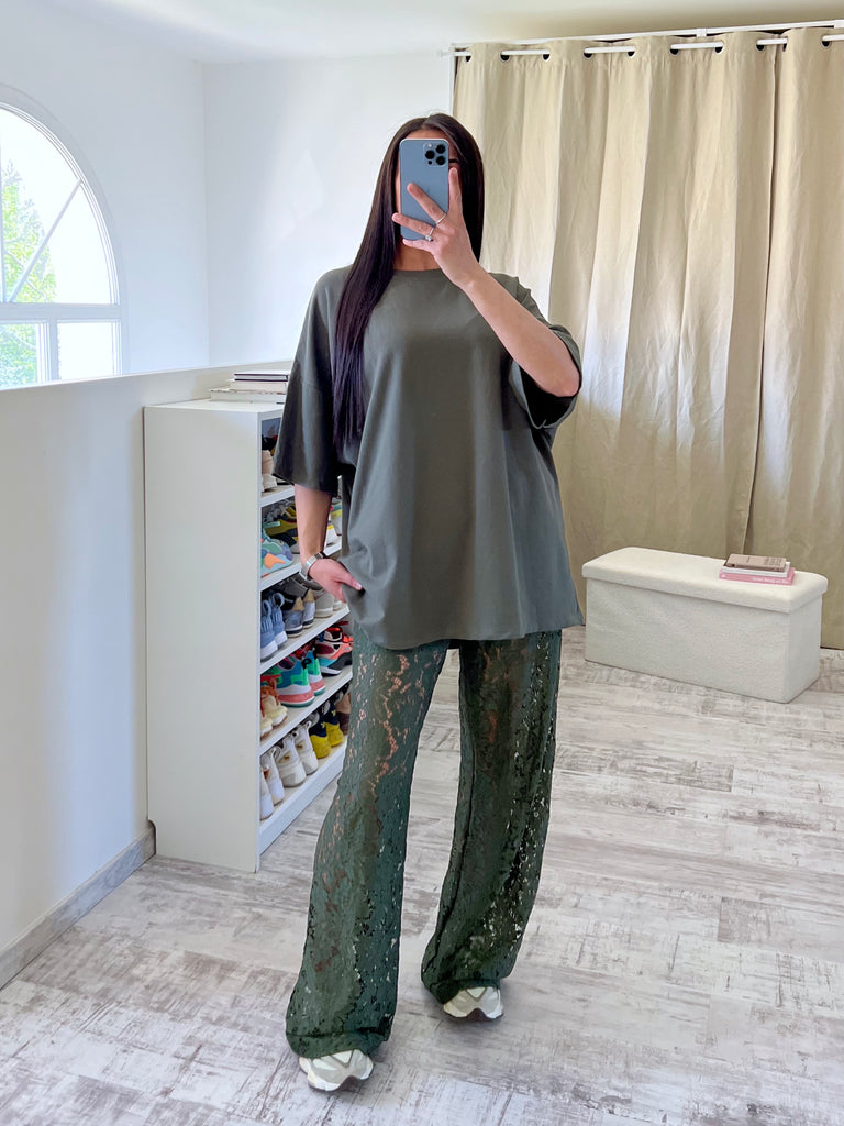 Ensemble Pantalon Dentelle Tshirt Kaki