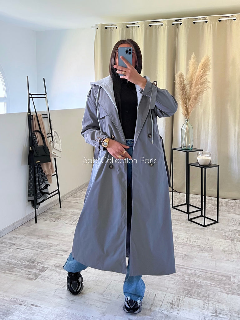 Trench Long À Capuche Gris