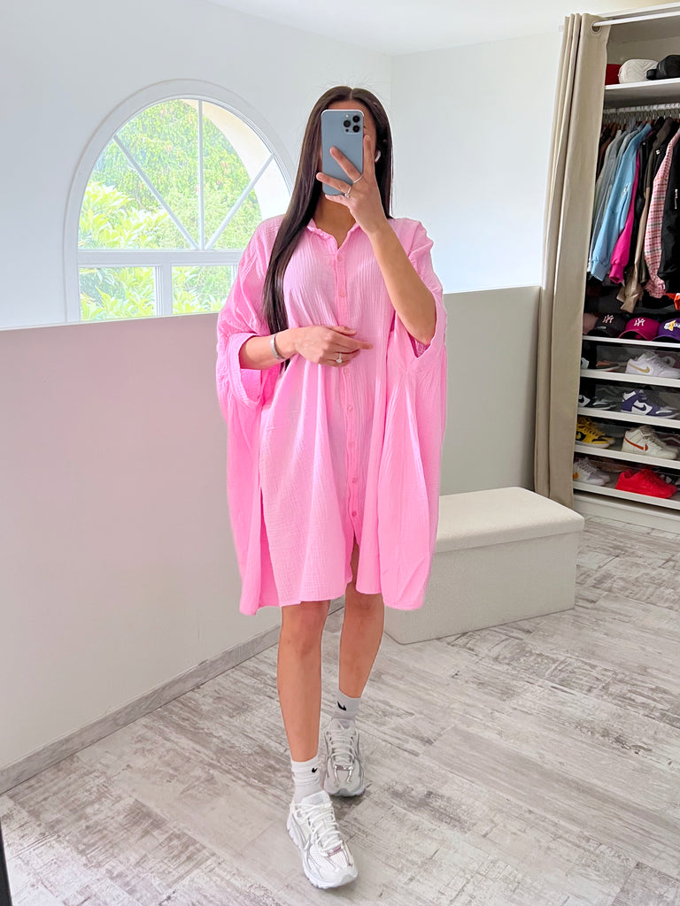 Robe Chemise Asymétrique Gaz De Coton Rose