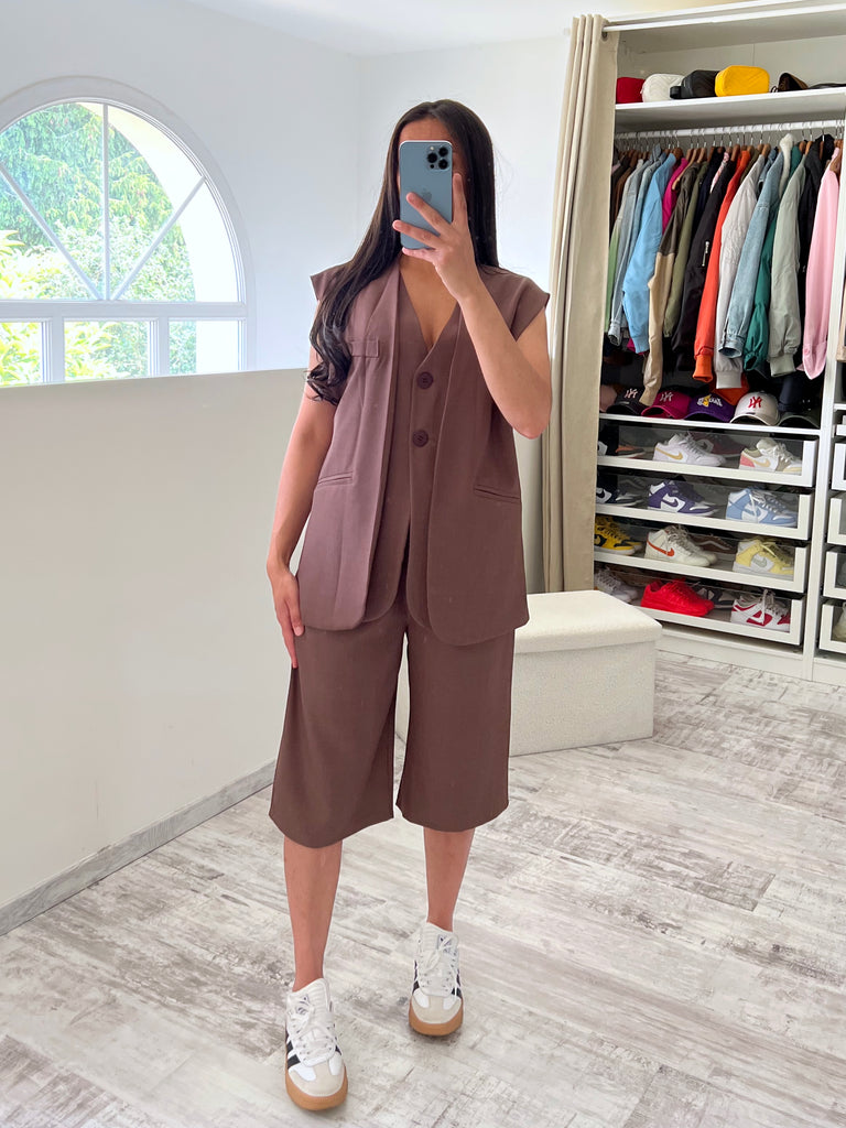 Ensemble Bermuda Gilet Sans Manches Marron