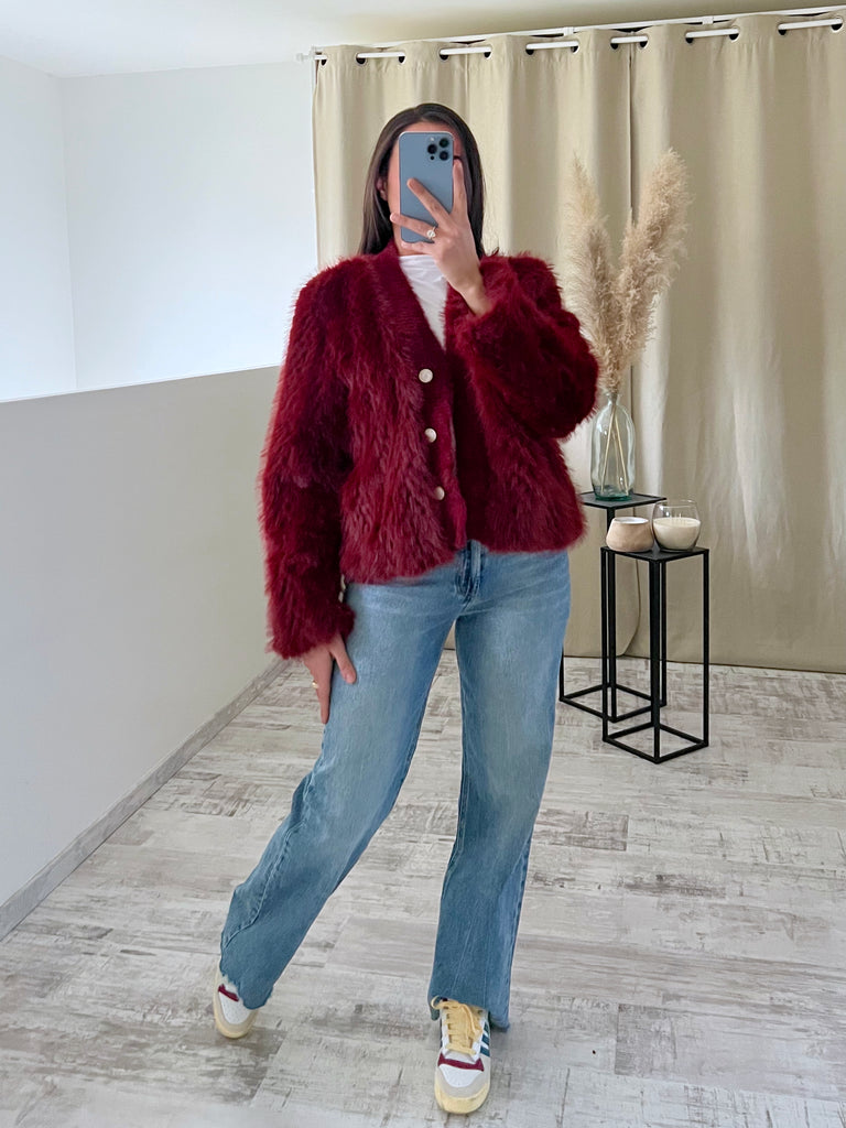 Veste Cardigan Fourrure Bordeaux