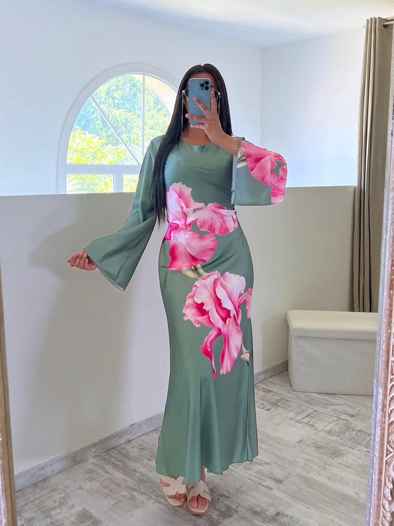 Robe Satin À Fleurs Kaki