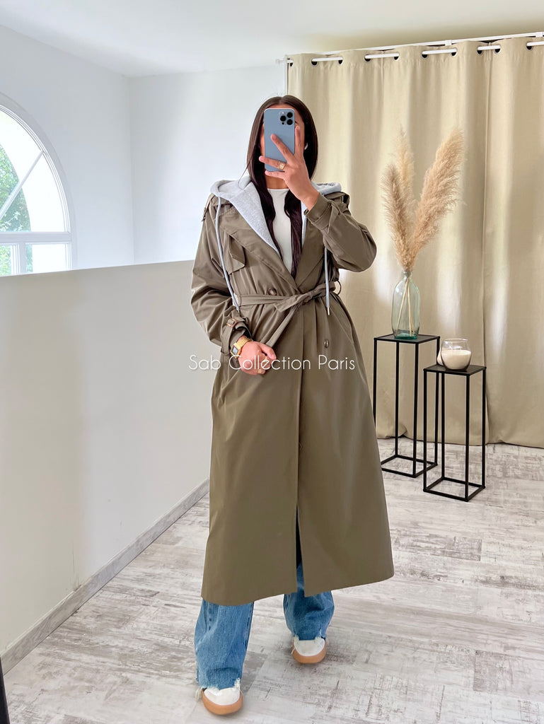 Trench Long À Capuche Kaki