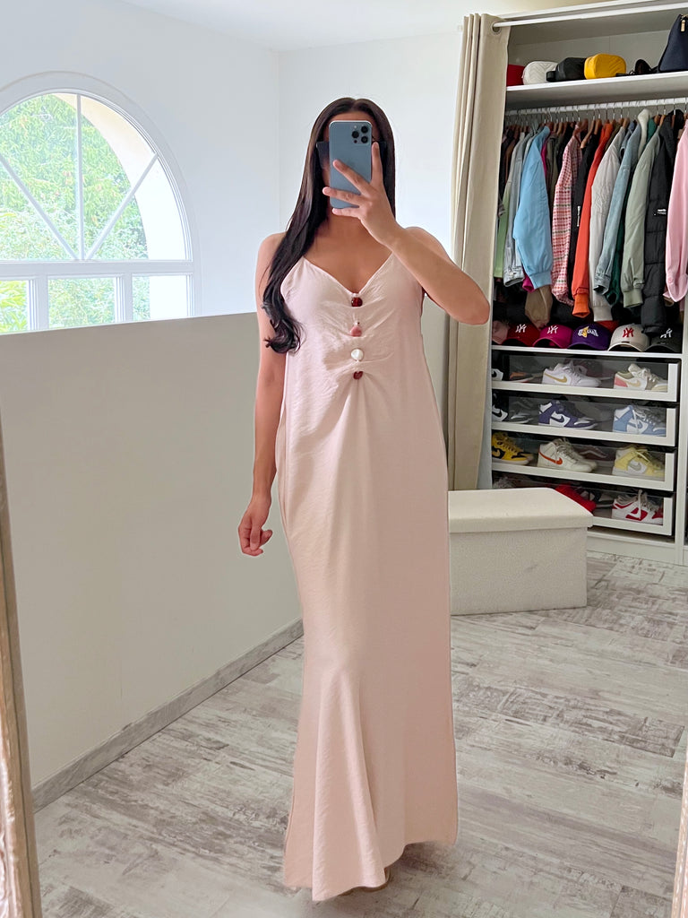 Robe Sans Manches Détail Pierres Beige