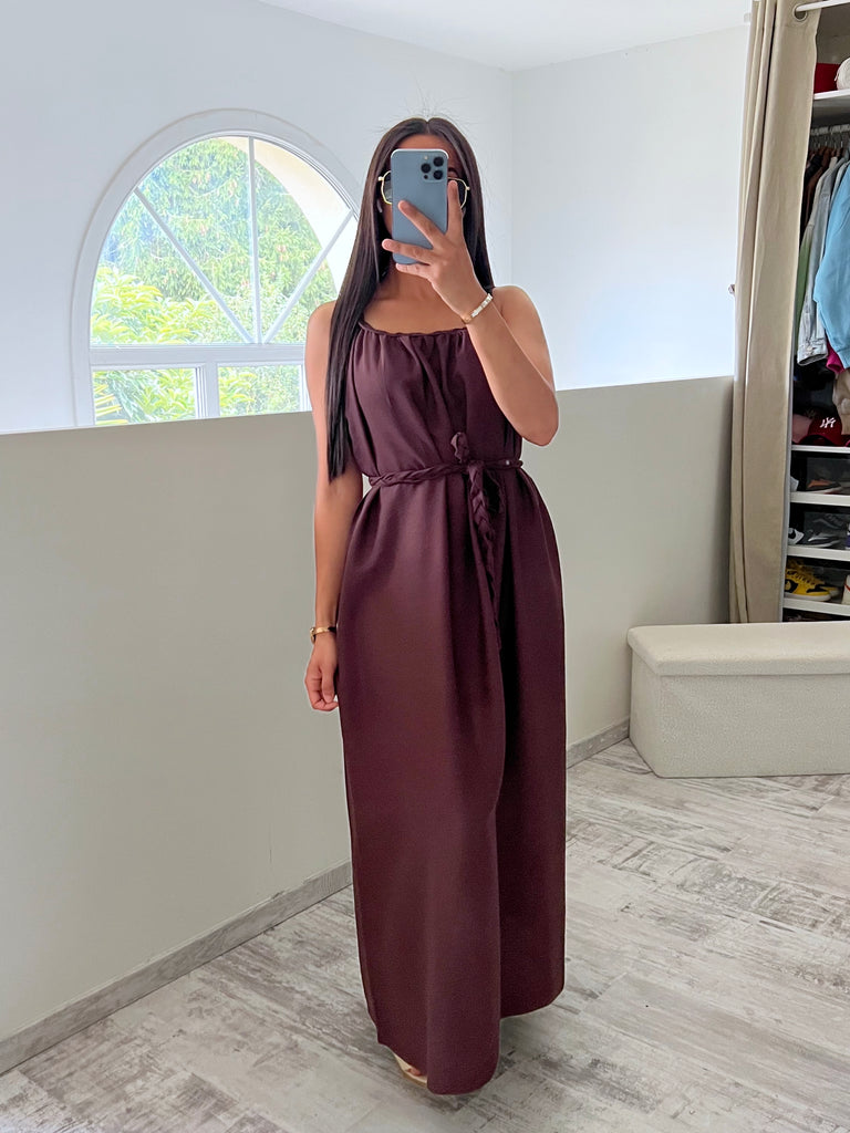 Robe À Col Et Ceinture Tresse Marron