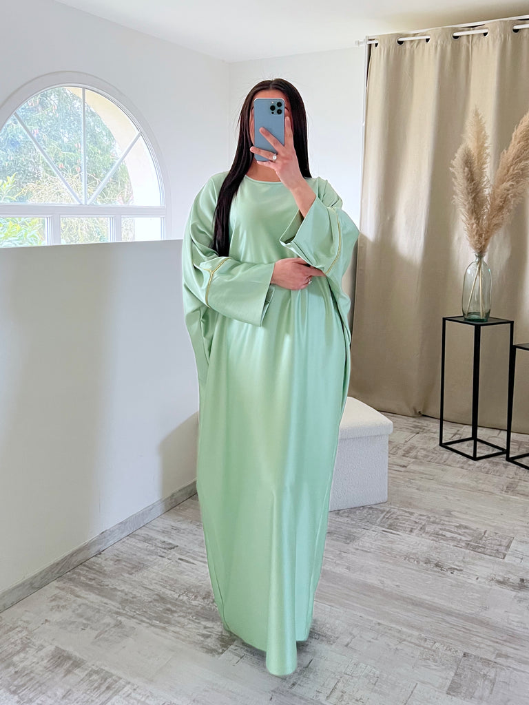 Abaya Satin Bordures Dorés Mint